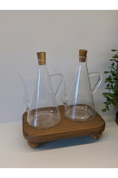 BUCOLIC Ahşap Altlıklı 2'li Cam Yağdanlık Seti