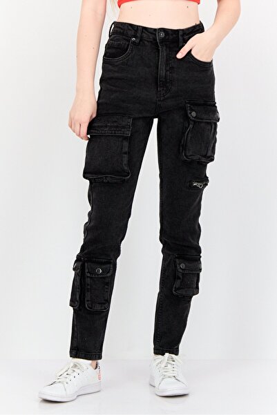 Cropp Women Mom Fit Plain Mid Waist Stretchable Cargo Jeans, Black