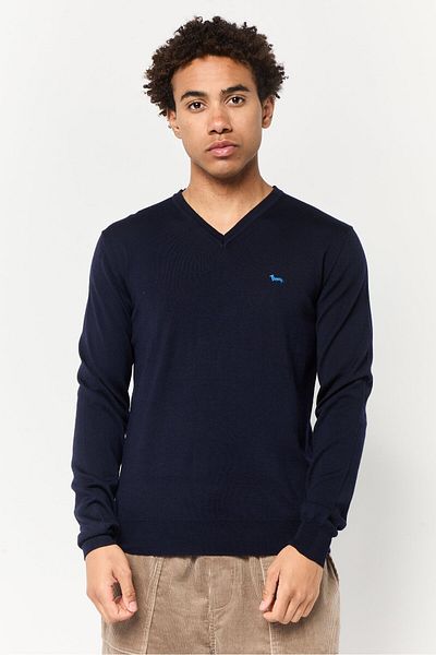 Harmont & Blaine Men V-neck Long Sleeves Embroidered Logo Sweater, Navy