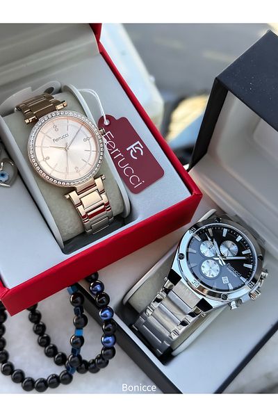 Ferrucci Black Rose Color Steel Strap Lover Couple Wristwatch + Bracelet