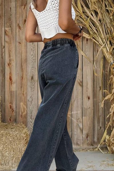 Pasaklı Giyim Women's Anthracite Black Lace-Up Elastic Waist Wide Leg Jeans Kt088319