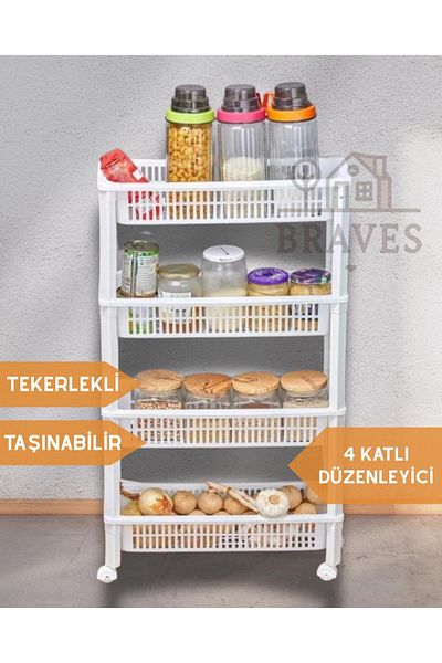 BRAVES Ράφι 4 επιπέδων με ρόδες Λευκό Organizer κουζίνας Πλαστικό φορητό οργανωτή κουζίνας