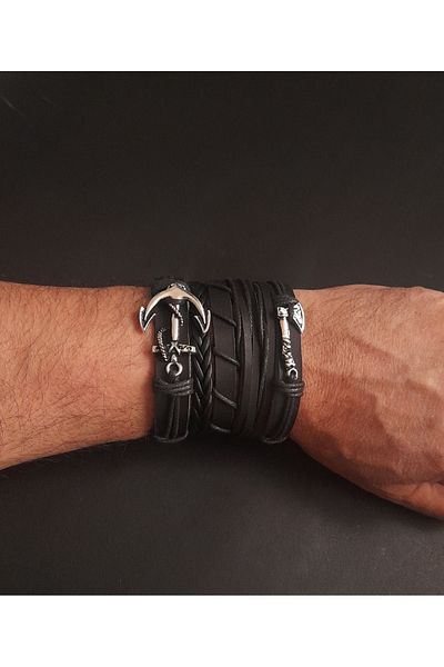BSN Store 5-Piece Premium Black Genuine Leather Bracelet with Sailor Anchor and Nordic Ax Figure