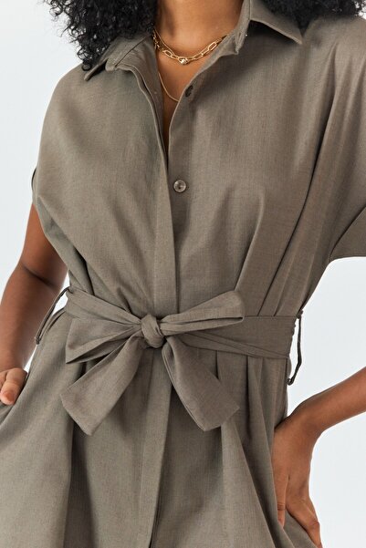 VİOLETTE Kadın Gömlek Yaka Düğmeli Kuşaklı Maxi Elbise