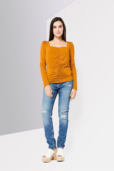 Scotch & Soda Women Square Neck Long Sleeve Solid Blouse, Brown