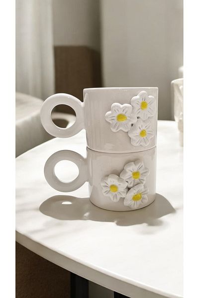 seda seramik Handmade Set of 2 Ceramic Splash Embossed Double Espresso Coffee Mug Cup Mug 200 ml