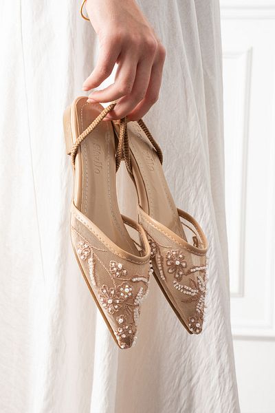 Mio Styllo Milany Mesh Embroidery and Bead Detailed Pointed Toe Luxury Women's Ballerinas