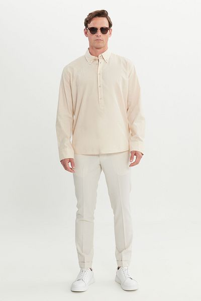 ALTINYILDIZ CLASSICS Men's Ecru Oversize Loose Cut Buttoned Collar 100% Cotton Shirt