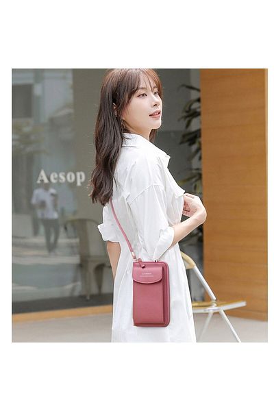 OEM Forever Mineyo Crossbody Bag, Wallet, 2 Pockets, Adjustable Straps, Eco Leather, Dark Pink