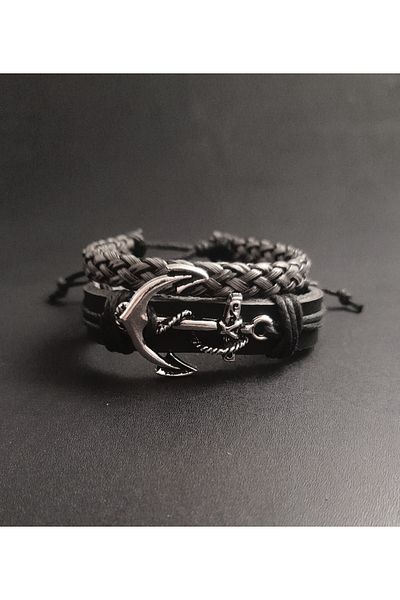 BSN Store 2-Piece Mariner's Anchor Premium Black/Gray Genuine Leather Bracelet