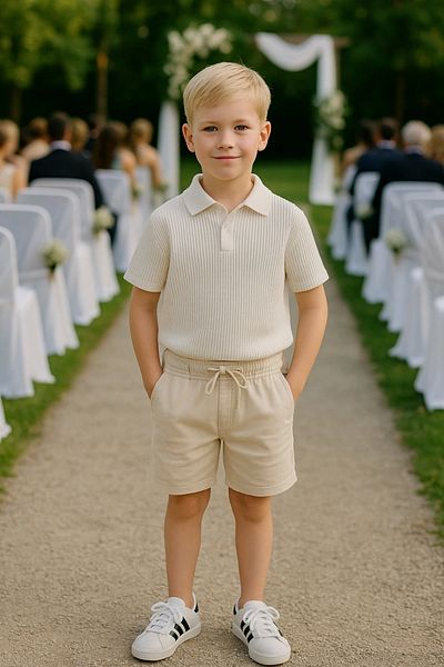 Kidmark Çocuk Modası Boy's Corduroy Polo Neck Cream Shorts Suit