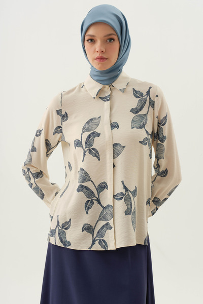 Tuğba Floral Yaprak Desenli Gömlek - Bej - Lacivert