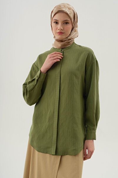 Tuğba Kuşaklı Çizgili Gömlek - Haki