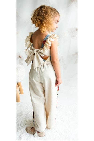 ministok Patchwork Ruffle Sleeve Tie Back Girls Jumpsuit