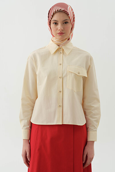 Tuğba Cepli Crop Gömlek - Bej - Lacivert