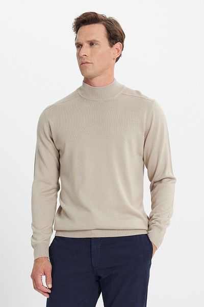 ALTINYILDIZ CLASSICS Men's Beige Wool Warm Standard Fit Regular Cut Half Turtleneck Knitwear Sweater