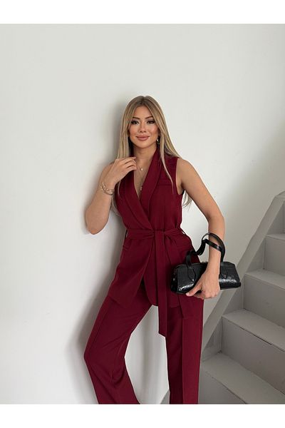 HOEK Women's Burgundy Belted Vest Pants Set