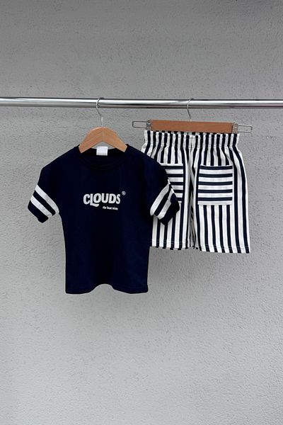 KALBEN ÇOCUK Children's Cotton 2-Piece Set - Navy Blue Striped Shorts Summer Set