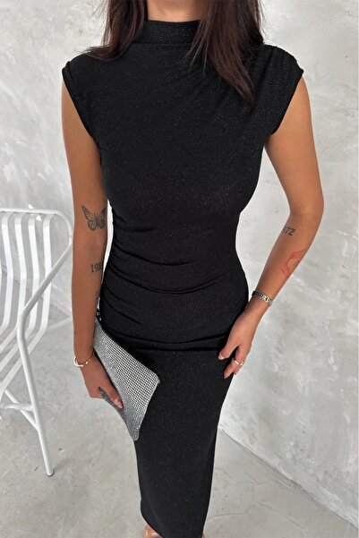 MODAMİNEM Βραδινό φόρεμα με μαύρο γκλίτερ με λεπτομέρειες