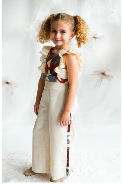 ministok Patchwork Ruffle Sleeve Tie Back Girls Jumpsuit