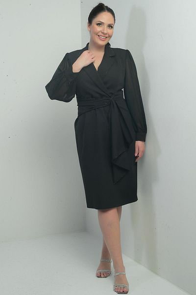 By Saygı Women's Double Breasted Neckline Sleeves Chiffon Beaded Waist Detail Self Interlining Half Lined Plus Size Elb