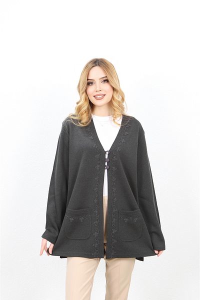 Özenli Triko Anthracite Colored Steel Knitted Mother Cardigan - Cordon Embroidered
