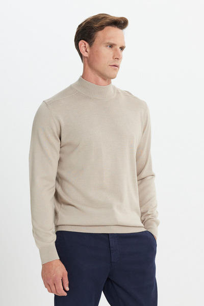ALTINYILDIZ CLASSICS Ανδρικό μπεζ μάλλινο ζεστό πουλόβερ με κανονική εφαρμογή κανονική εφαρμογή με μισό ζιβάγκο