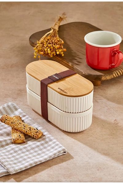 MT29 GİYİM 1000ml Wooden Lid Lunch Box Set of 2 Diet Nutrition Box Bamboo Storage Container