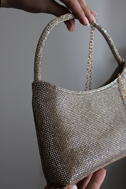 Mimoza Women's Gold Crystal Textured Shiny Shoulder & Chain Strap Evening Bag