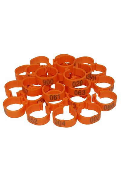 OEM Set de 100 de inele de plastic 18 mm, mărime medie, numerotate pentru păsări, picioare de găină, portocalii