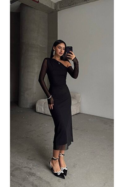 Ahzem Collection Tek Kol Beli Drape Detaylı Kadın Siyah Elbise