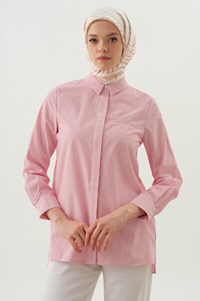 Tuğba Yırtmaç Detaylı Çizgili Gömlek - Fuşya