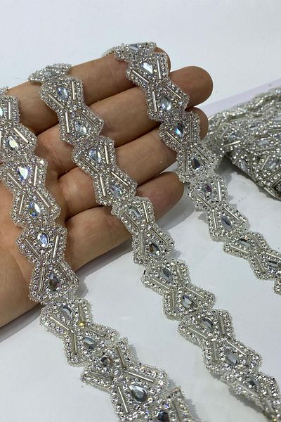 Hayalperest boncuk Silver Diamond Pattern Iron-On Adhesive Strip Applique