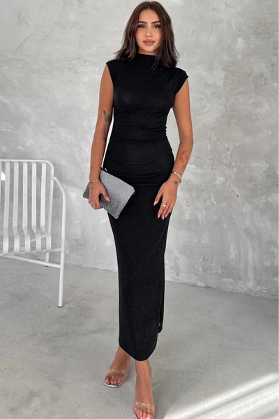 MODAMİNEM Βραδινό φόρεμα με μαύρο γκλίτερ με λεπτομέρειες