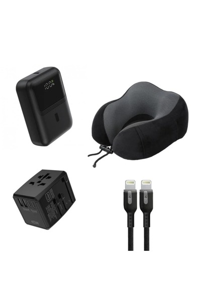 Bastec حزمة السفر الكاملة: بنك طاقة 10000 مللي أمبير في الساعة + قابس عالمي + وسادة للرقبة + كابلين iPhone