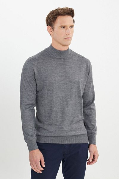 ALTINYILDIZ CLASSICS Men's Gray Melange Wool Warm Standard Fit Regular Cut Half Turtleneck Knitwear Sweater