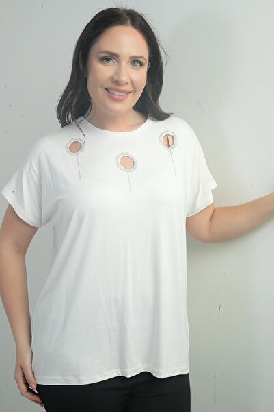 By Saygı Women's Shoulder Stone Printed Crew Neck Bat Sleeve B.B. Blouse