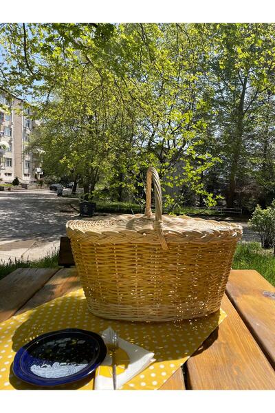 Beyaz Atölyem Covered Wicker Handmade Large Size Picnic Basket Light Color