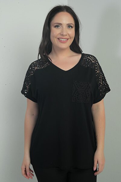 By Saygı Bluză de damă cu umăr și buzunar din dantelă de mărime mare