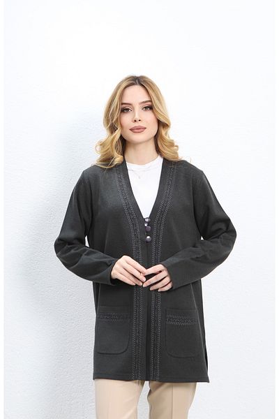 Özenli Triko Anthracite 3-Button Embroidered Steel Knitted Mother Cardigan