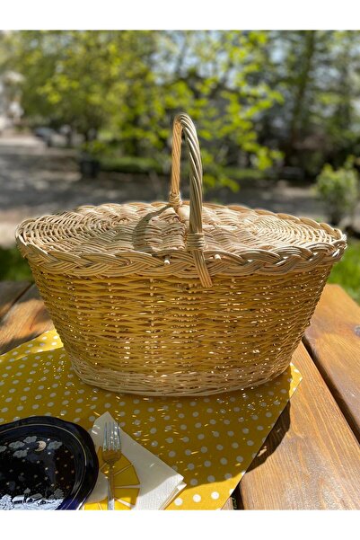 Beyaz Atölyem Covered Wicker Handmade Large Size Picnic Basket Light Color