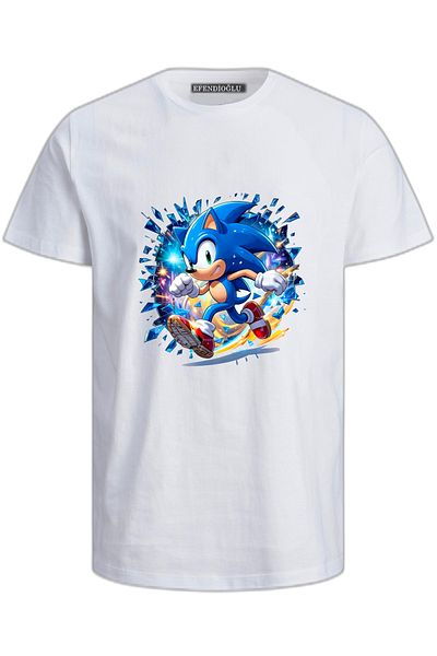 Efendioğlu Design Children's Cotton T-Shirt with Characters Printed in Super Sonic Running Style