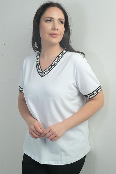 By Saygı Women's Large Size Comfortable Fit Blouse with Collar and Sleeve Stripes