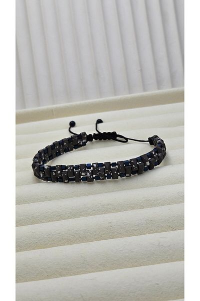 AURA Men's Hematite Bracelet Macrame Braid Double Row