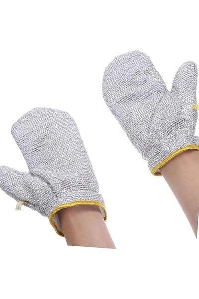 Hanedanev 1Pair Wire Dish Gloves Waterproof Dirt Remover Pan Pots Kitchen Bathroom Cleaning Gloves