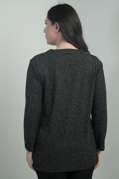 By Saygı Women's Pearl-Stone Detailed V-Neck Lycra Lurex Large Size Blouse