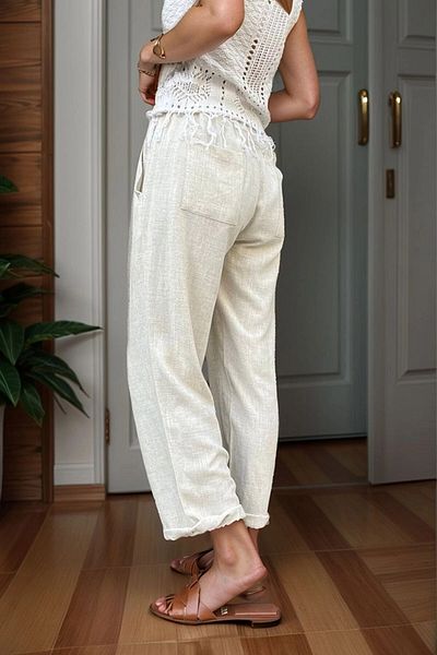 bacc Women's Beige Special Textured Loose Trousers with Elastic Waist and Pockets Bcbsk-25700-3638