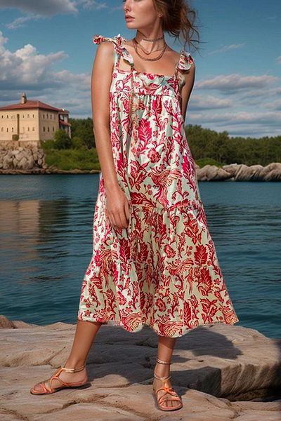 bacc Women's Green Ruffle Strap Patterned Summer Dress Bcbsk-25700-Ss22-7093