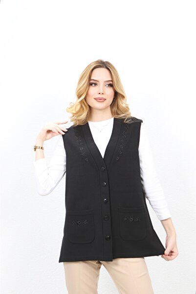 Özenli Triko Сталева сітка 5-кнопкова вишита на грудях маминий жилет чорний