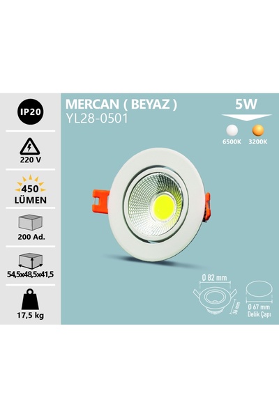 Noas 5w Cob Led Spot Mercan Beyaz Kasa Gün Işığı